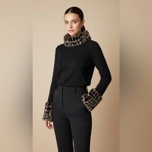 INC Y2K Black Sweater w/ Giraffe Print Faux Fur Collar & Bell Cuffs Medium